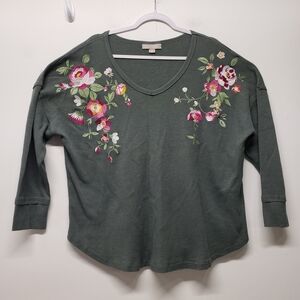 Woman Within Plus Waffle Knit Top 1X Floral Embroidered 3/4 Sleeve V-neck Boho
